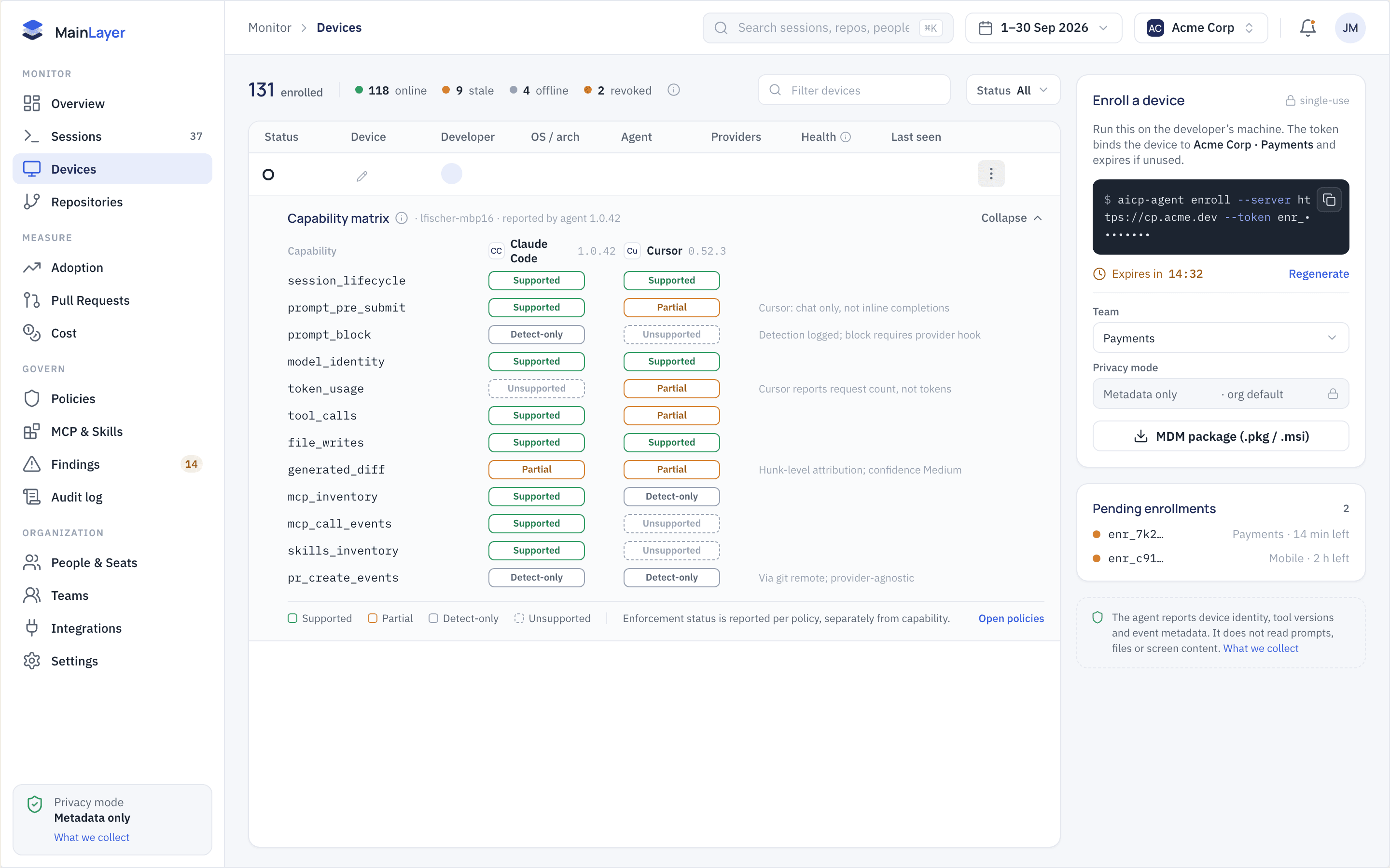 MainLayer devices page showing endpoint health and a provider capability matrix