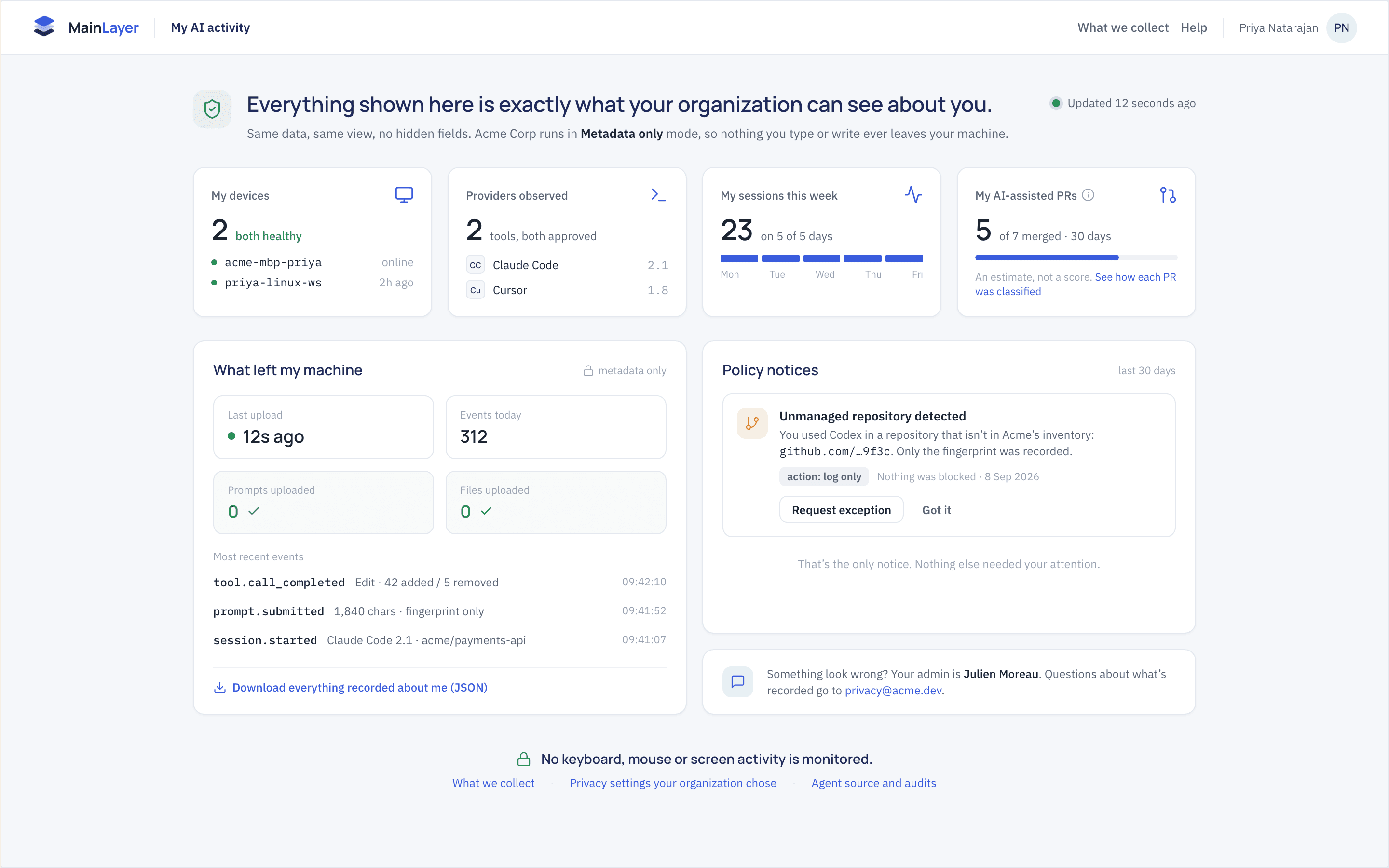 MainLayer personal activity page showing the AI usage data visible to a developer