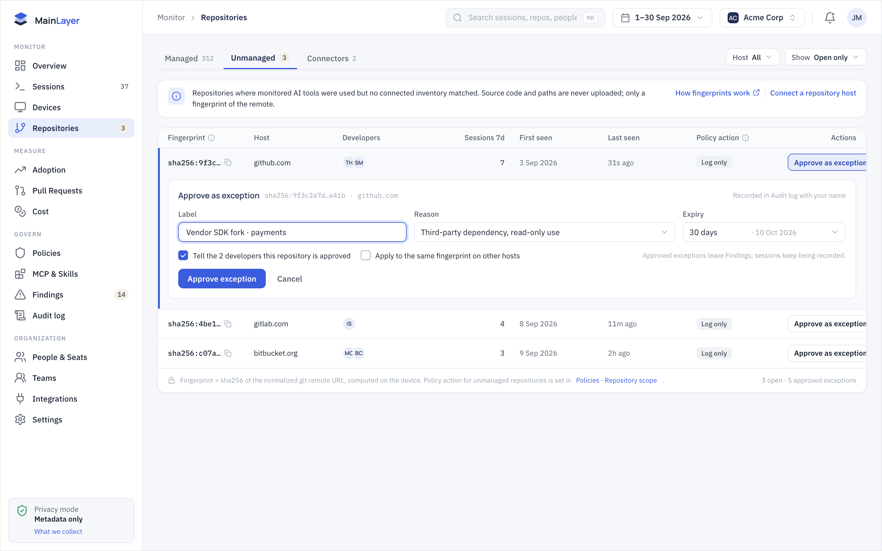 MainLayer repositories page highlighting unmanaged repositories where AI tools were used