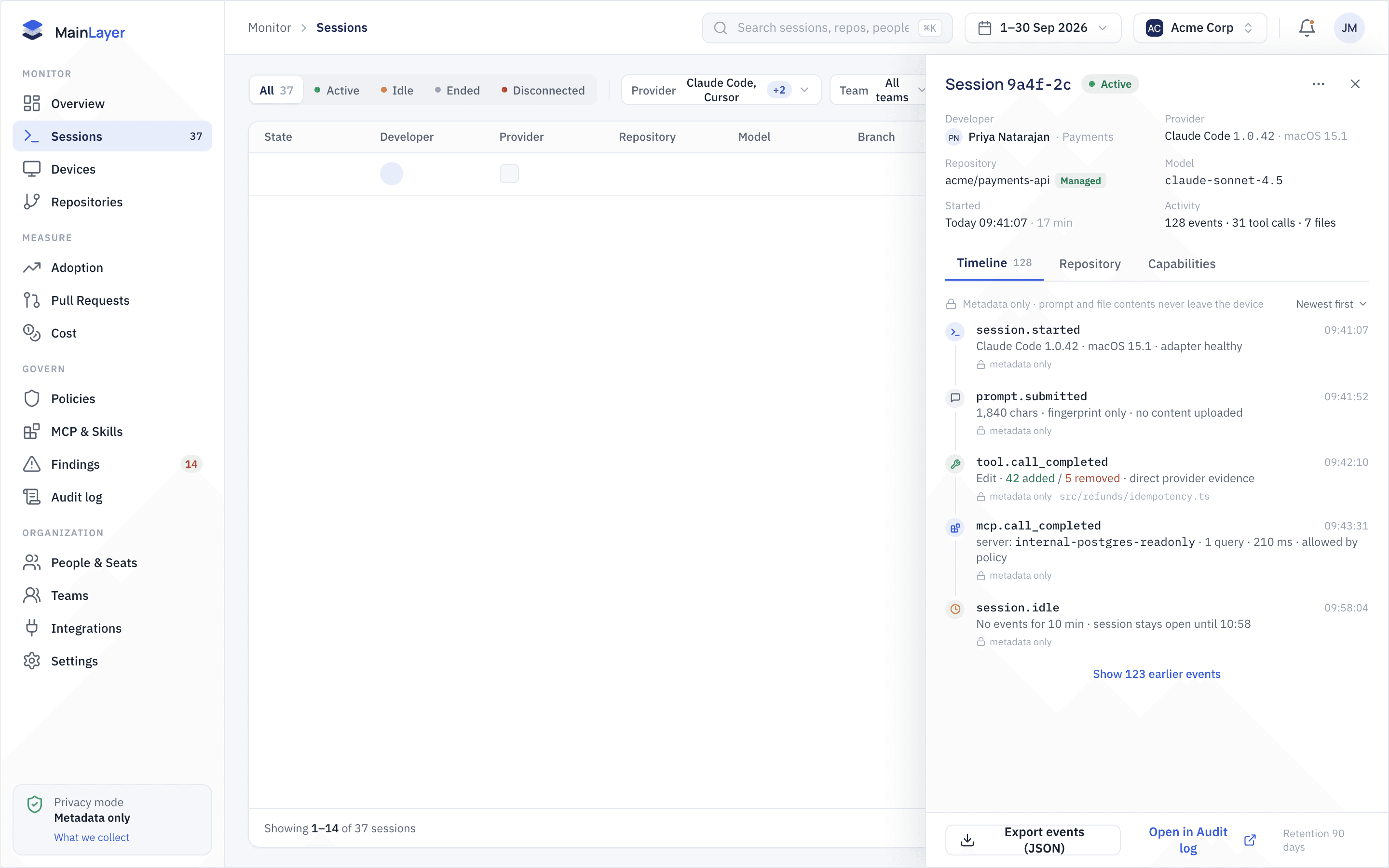 MainLayer sessions page listing active and recent AI coding sessions by provider, developer, and repository